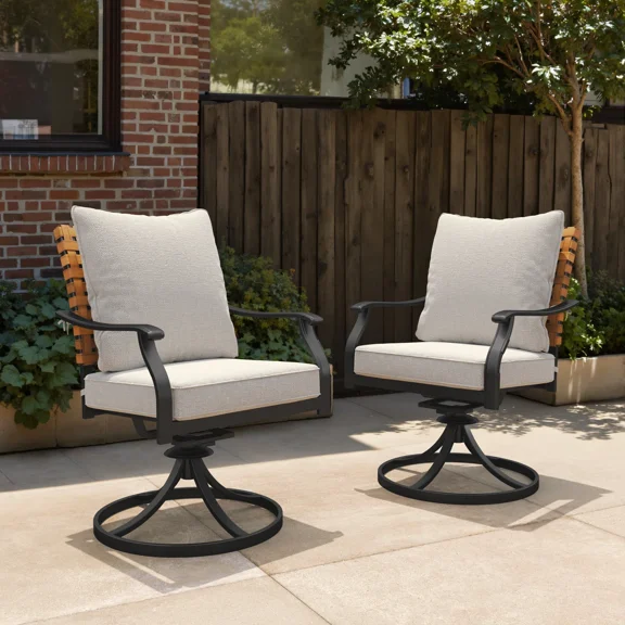 EVERITE 2-Pack Steel Outdoor Dining Side Chairs,Khaki Wicker Back & Gray Cushions