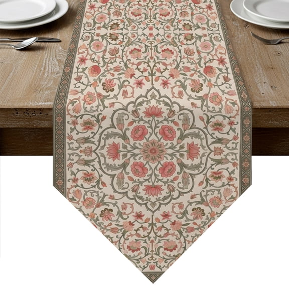 Bohemia Table Runner Linen Burlap Table Runner 72 Inches Long Retro Farmhouse Ethnic Flowers Pattern Boho Dresser Scarves for Kitchen Island Coffee Dining Room Party Wedding Holiday Decor 18"x72"