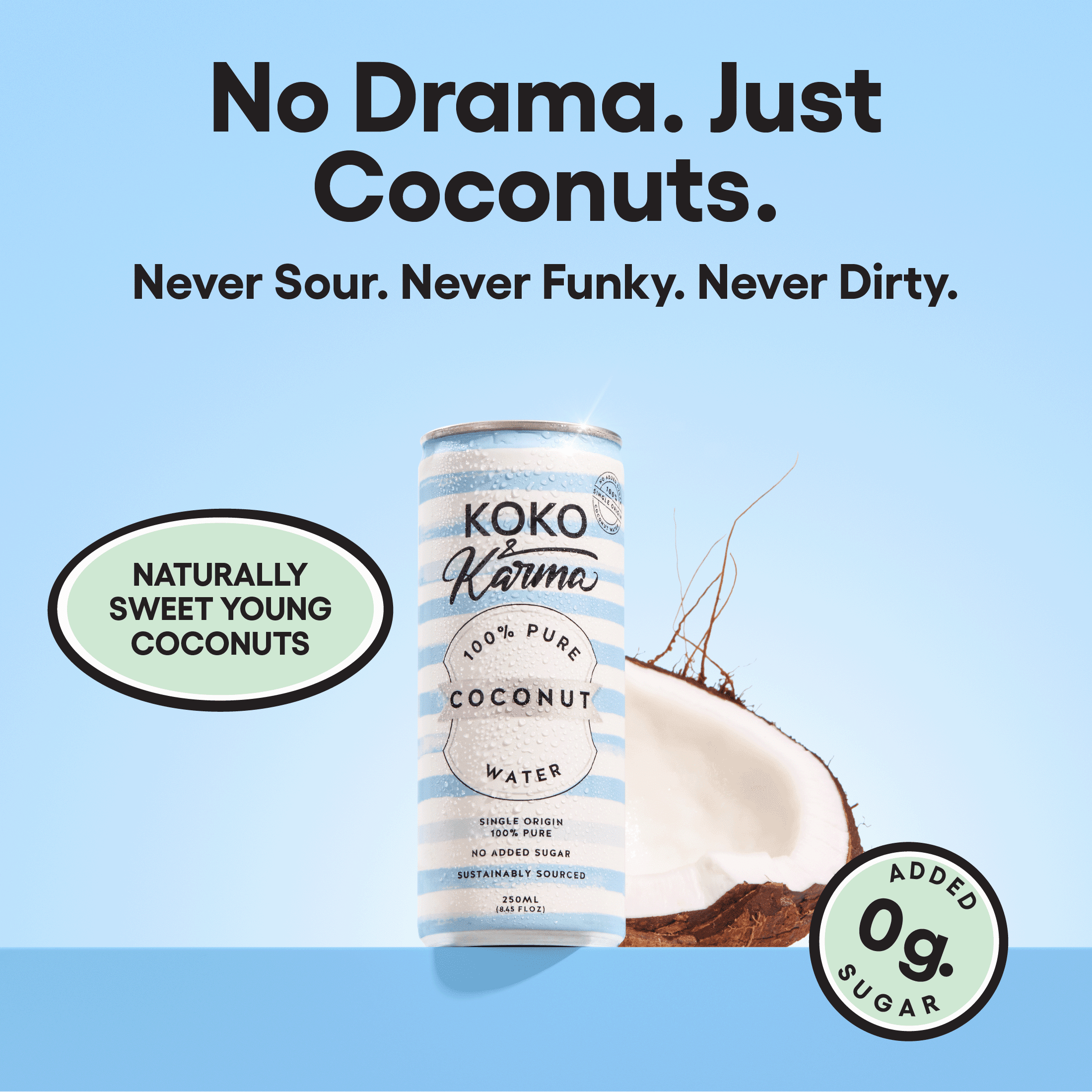 Koko & Karma 100% Pure Coconut Water, No Added Sugar, 4-Pack Cans