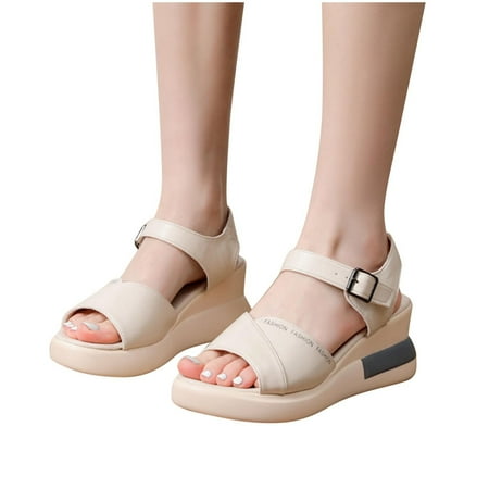 

Summer Deals Feltree Women s Sandals Summer Ladies Shoes Casual Women s Sandals Flat Buckle Wedge Heels Sandals Beige 5.5
