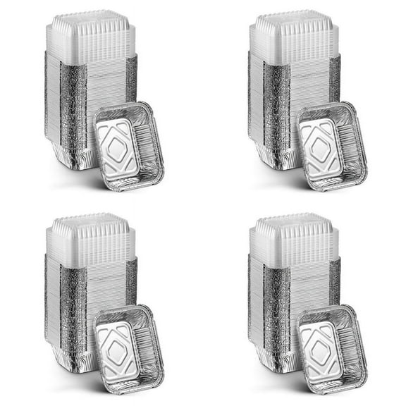 4set Disposable Takeaway Pan with Transparent Lid, Rectangular Aluminum Foil Tray, Tightly Sealed, 410ml Capacity