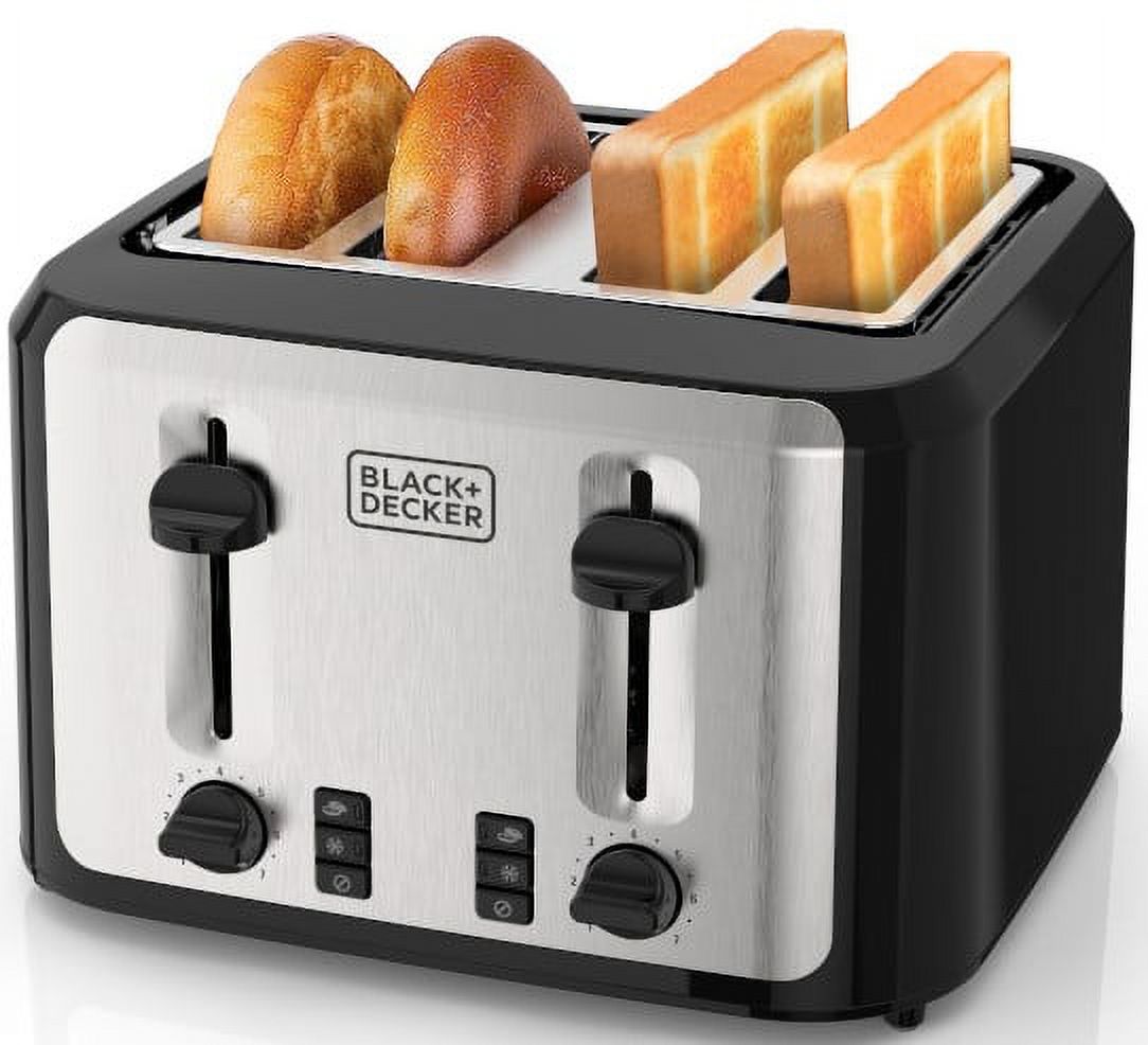 BLACK+DECKER Black/Silver 4‑Slice Toaster with Extra‑Wide Slots, 7 Adjustable Shade Settings, High‑Lift Lever & Drop‑Down Crumb Tray