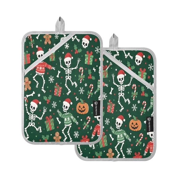 Two Pieces Of Square Heat Insulation Pad Oven Mitts Christmas Skulls Presents 7x9.8 Inch Oven Microwave Kitchen Cooking Baking