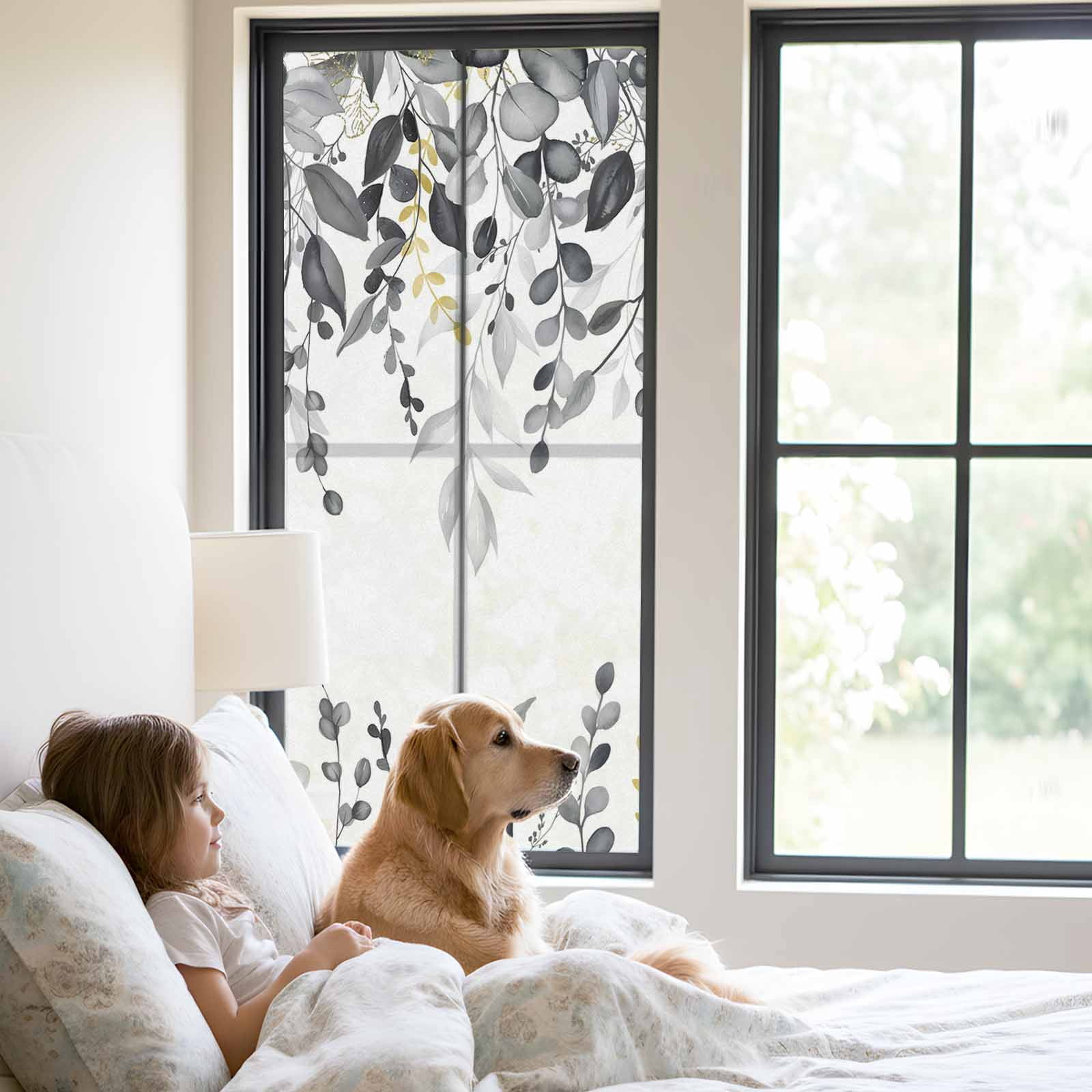 Static Cling Door Window Covering, Gray Eucalyptus Leaves Window Privacy Film Frosted, Farmhouse Botanical Watercolor UV Blocking Windows Film for Office, Hotel, Bedroom, 29.5 x 78.7 Inches