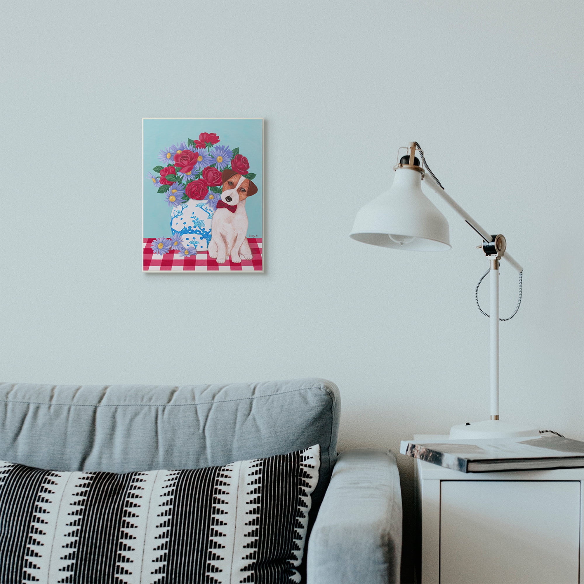 Stupell Industries Flower Vase With Dog Red Blue Animal Pet Painting Wall Plaque by Sally B, 10" x 15", Wall Plaque