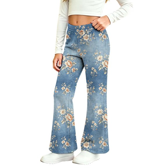 MuXiKeJi Clothes Wide Leg Jeans for Cute Print Elastic Waist Wide Leg Flared Denim Pants Regular Fit Long Casual Bottoms Girls Jeans Pants
