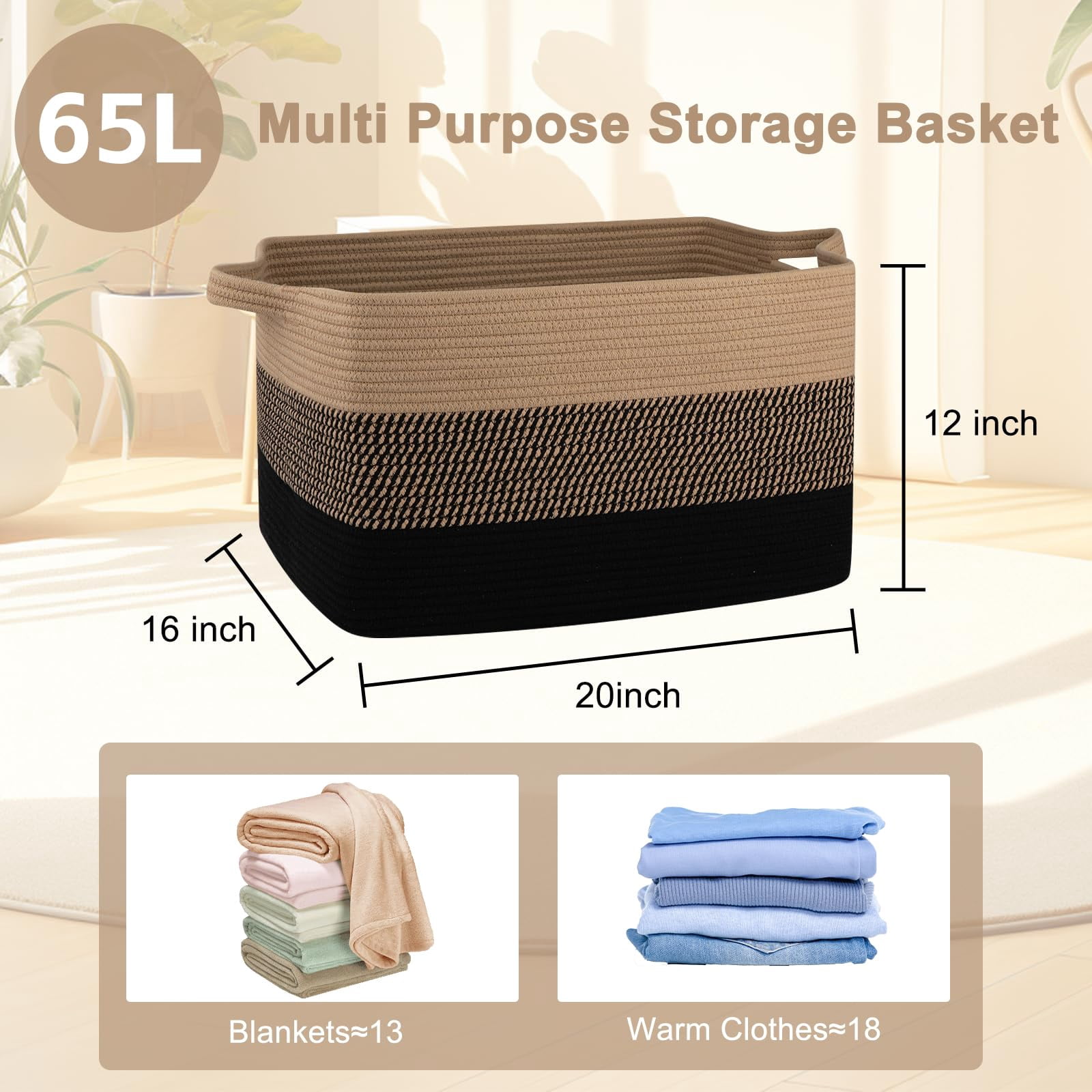 Extra Large Blanket Basket, 95L Woven Storage Basket, Cotton Rope Toy Bin for Baby Room, Container for Storage in Living Room, 24''×17''×14'', Black & White