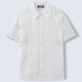 thumbnail image 4 of YLSDY Men's Allover Lacework Camp Shirt, Openwork Floral & Geometric Pattern, Short Sleeve Button-Down Cover-Up Top White XXXL, 4 of 6