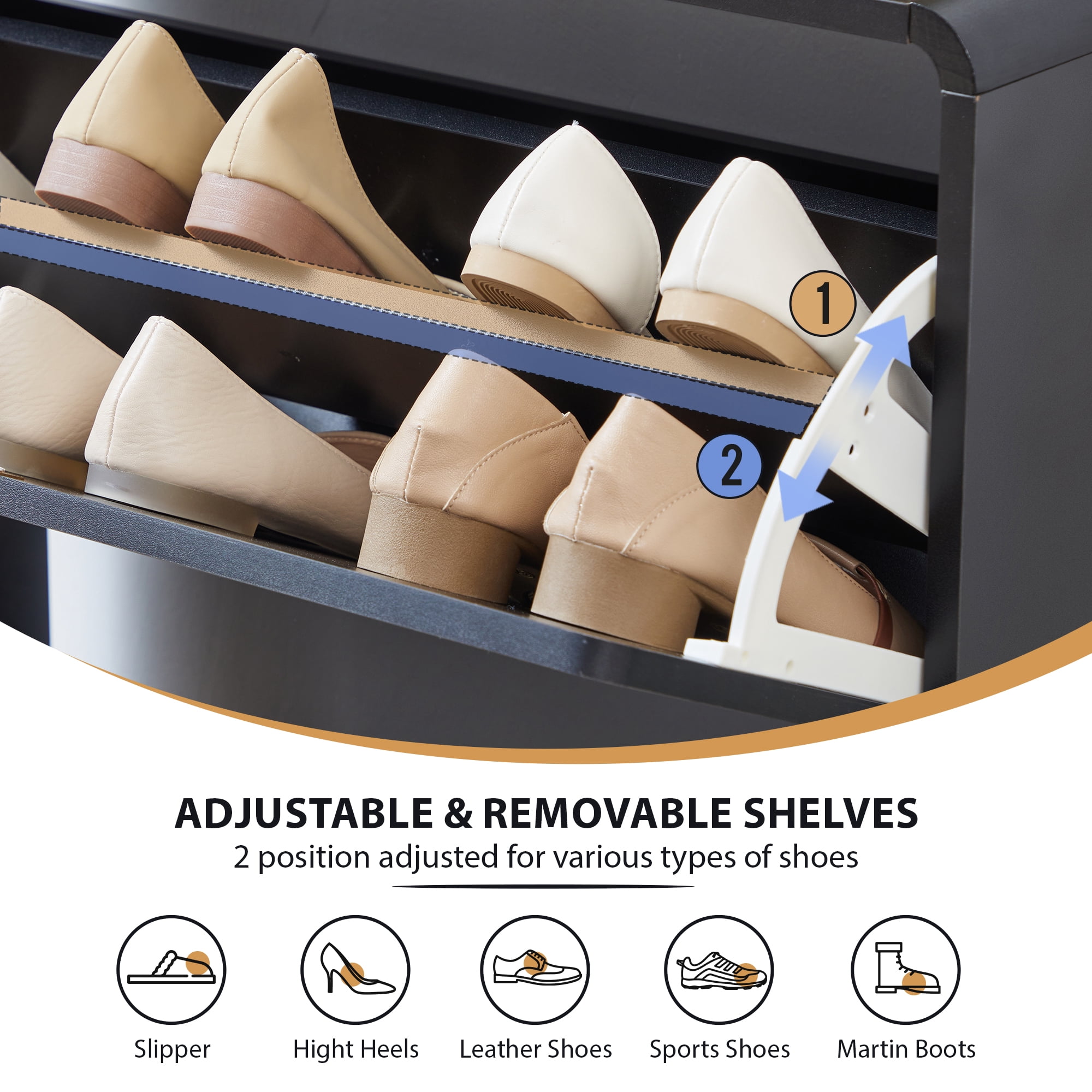 Wirrytor Black Curved Printed 2 Flip Drawer Shoe Cabinet, 85cm Double Layer Narrow Shoe Storage Organizer, Adjustable Shelf Entryway Shoe Rack With Anti-Tip Design For Hallway Bedroom