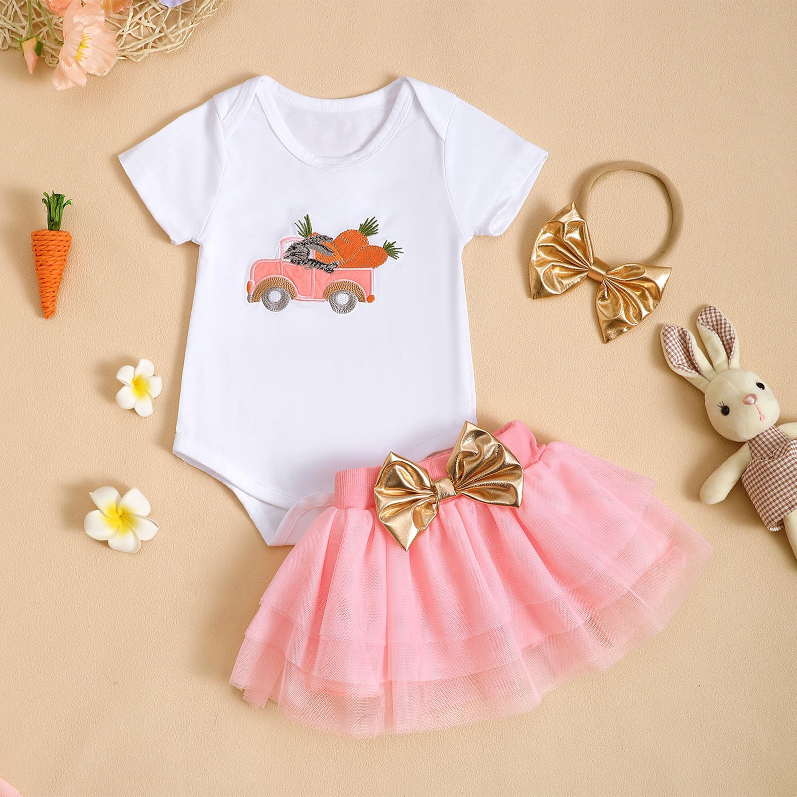 Jamsmile Toddler Girls Outfits Sets Easter Day Bunny Print Romper + Tulle Skirts + Hairband 3 Piece Baby Girls Princess Outfits