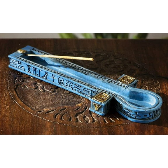 Egyptian Blue Hieroglyphic Symbols Golden Cartouche Ankh Key Incense Holder