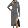 thumbnail image 3 of Xuanfei Women Round Neck Solid Color Side Split Long Sleeve Midi Dress, 3 of 4