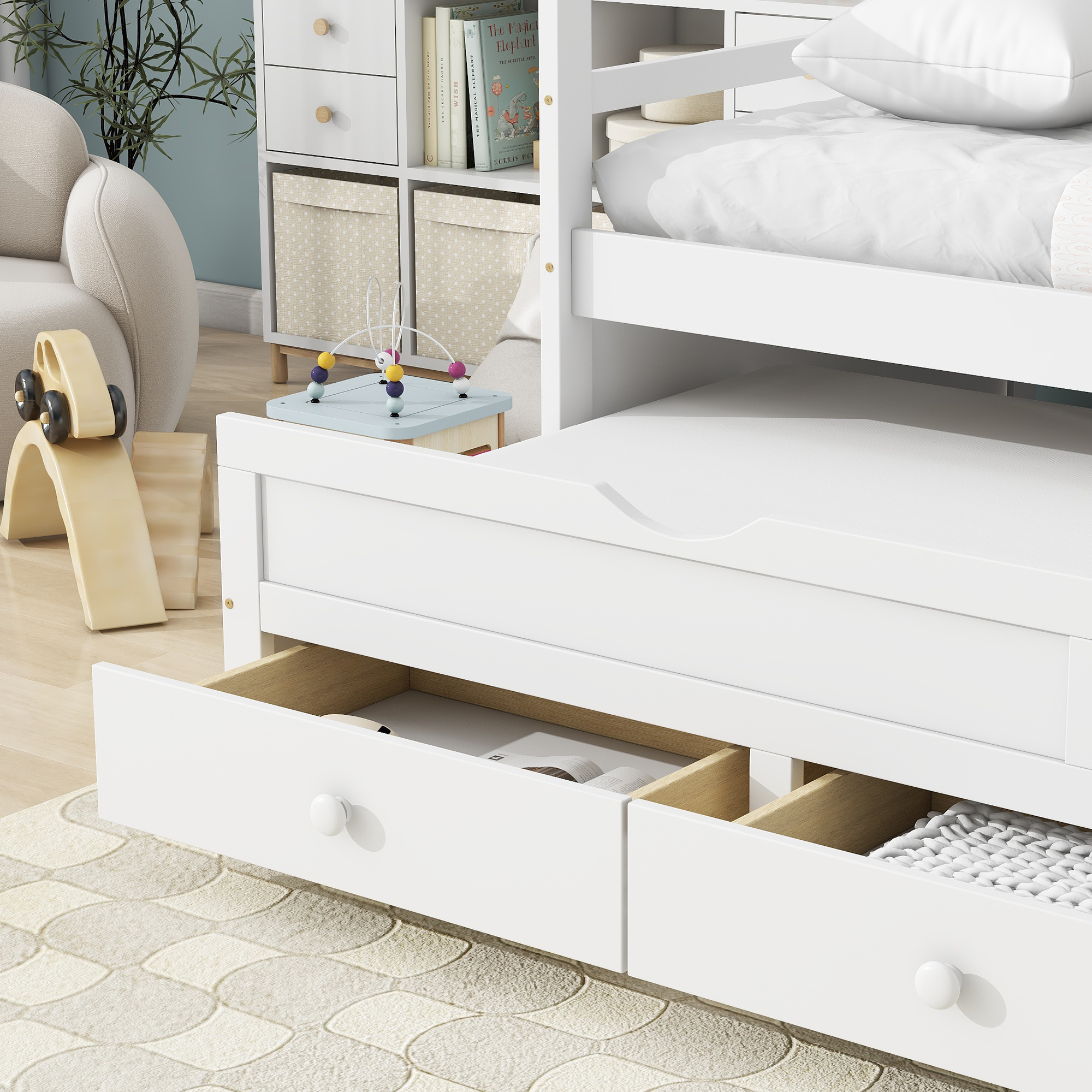 Sailvan Twin Size Bed with Headboard, Footboard, Trundle and 3 Storage Drawers, Pine Wood Bed