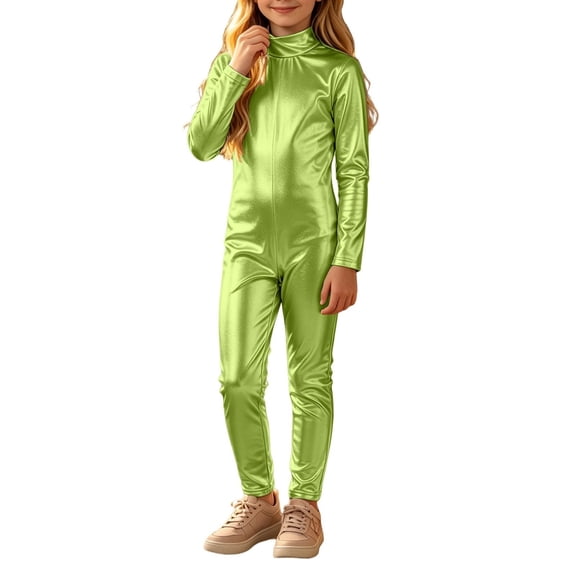 Otqutp Girls Mock Neck Zipper Jumpsuit Shiny Metallic Long Sleeve One Piece Bodysuit Fall Halloween Holiday Party Dress Up Clothing