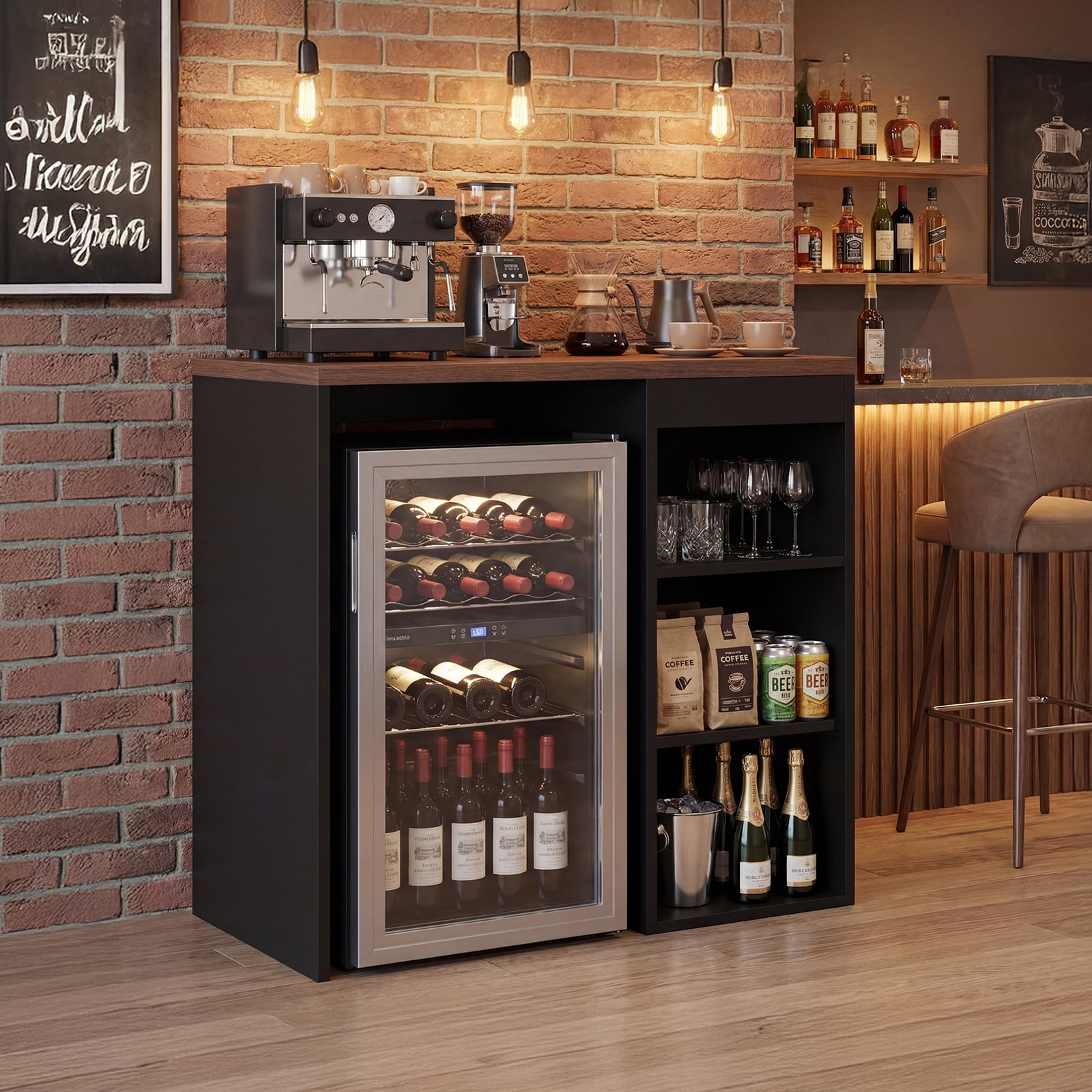 Advwin Coffee Bar Cabinet with Mini Fridge Space, Mini Fridge Stand with Drawer & Adjustable Shelf for Dorm, Kitchen, Office, Apartment, Home Bar, Black+Walnut