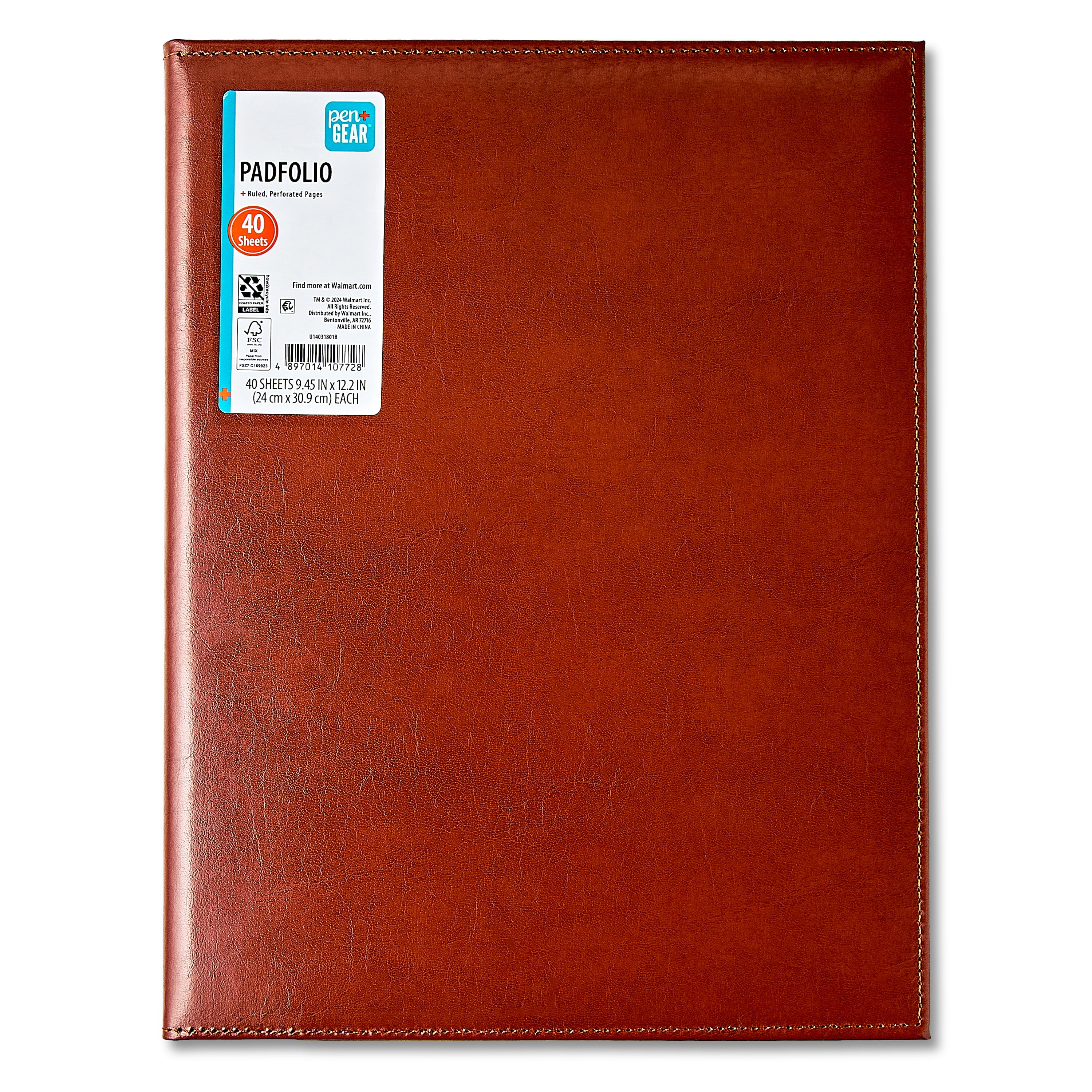 Pen+Gear Bonded Leather Padfolio, Brown, 9.5 in x 12.25 in, 1 College Ruled Writing Pad Included