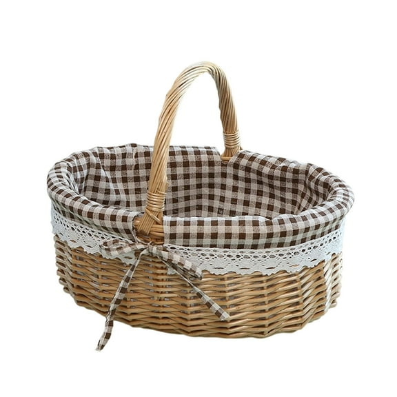 Large Multipurpose Wicker Basket with Handle,13.7 x 10.2 x 12.6 Inch Wicker Picnic Basket with Liner,Oval Willow Gift Basket for Christmas Party Fruit,Wine,Gathering,Wedding,Picnic(Brown)
