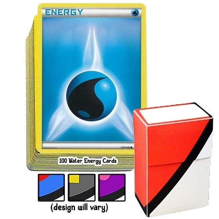100 Basic Water Energy Pokemon Cards with A Totem World Deck Box - Blue Type - Set Varies from XY to Sun and Moon