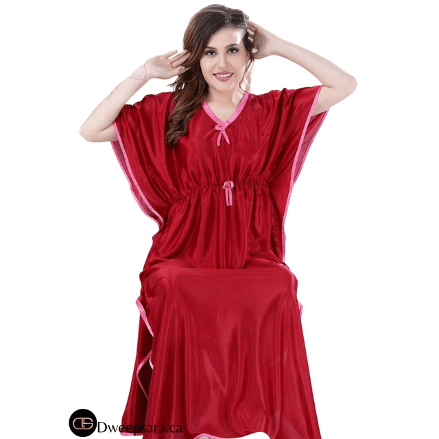 DWEEP SARA Caftan Uni en Satin Rouge et Rouge Pâle, Nuisette Courte à Manches Kimono, Vêtement de Nuit pour Femmes, Robe de Nuit