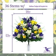 Sympathy Silks Artificial Cemetery Flowers Yellow Tulips/Purple Iris Bouquet & Saddle