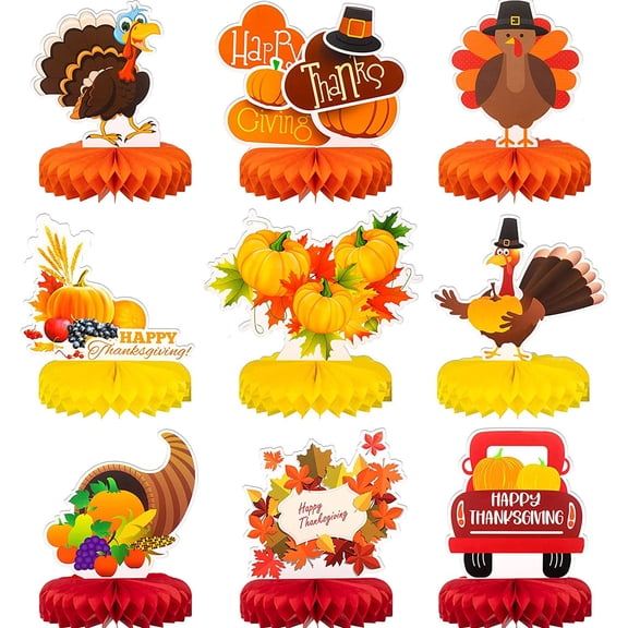 9 Pcs Mixed Thanksgiving Honeycomb Decorations Honeycomb Paper Centerpieces Maple Leaf Pumpkin Turkey Thanksgiving Day Tables Fall Autumn Birthday Party Favors Decorative Thanksgiving Playmates
