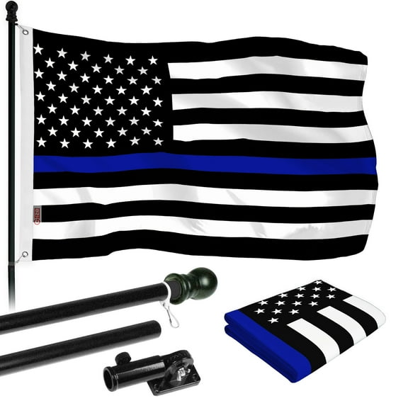 G128 - 6 Feet Tangle Free Spinning Flagpole (Black) Thin Blue Brass Grommets Printed 3x5 ft (Flag Included) Aluminum Flag Pole