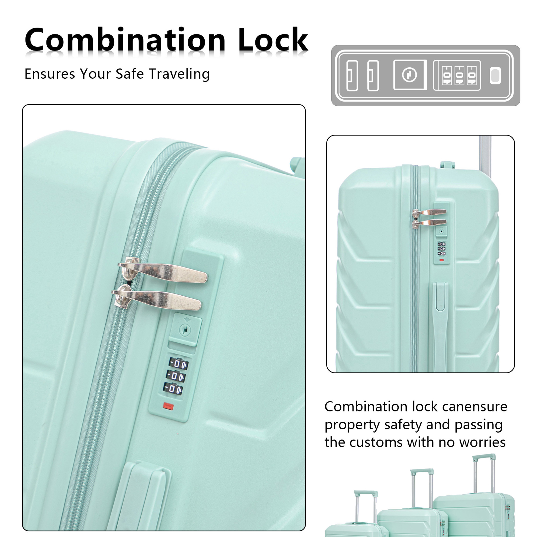 Noble House Lorven 3-Piece 20"/24"/28" ABS Hardshell Luggage Set with Combination Lock and Spinner Wheels, Mint Green