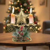 KOYPTL Christmas Double Candlestick Decorations,Golden Iron Candle Holders Star Red Berry Pine Cones Decoration for Taper Table Centerpiece Festive Ornaments