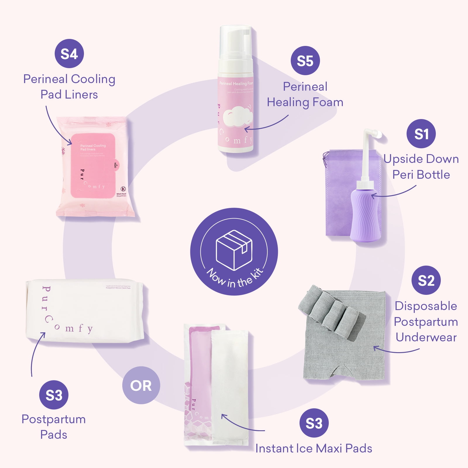 18 Pcs PurComfy Postpartum Essentials Recovery Kit, Includes Disposable Underwear, Perineal Healing Pad Liners, Perineal Healing Foam, Instant Ice Pads, Upside Down Peri Bottle and Postpartum Pads