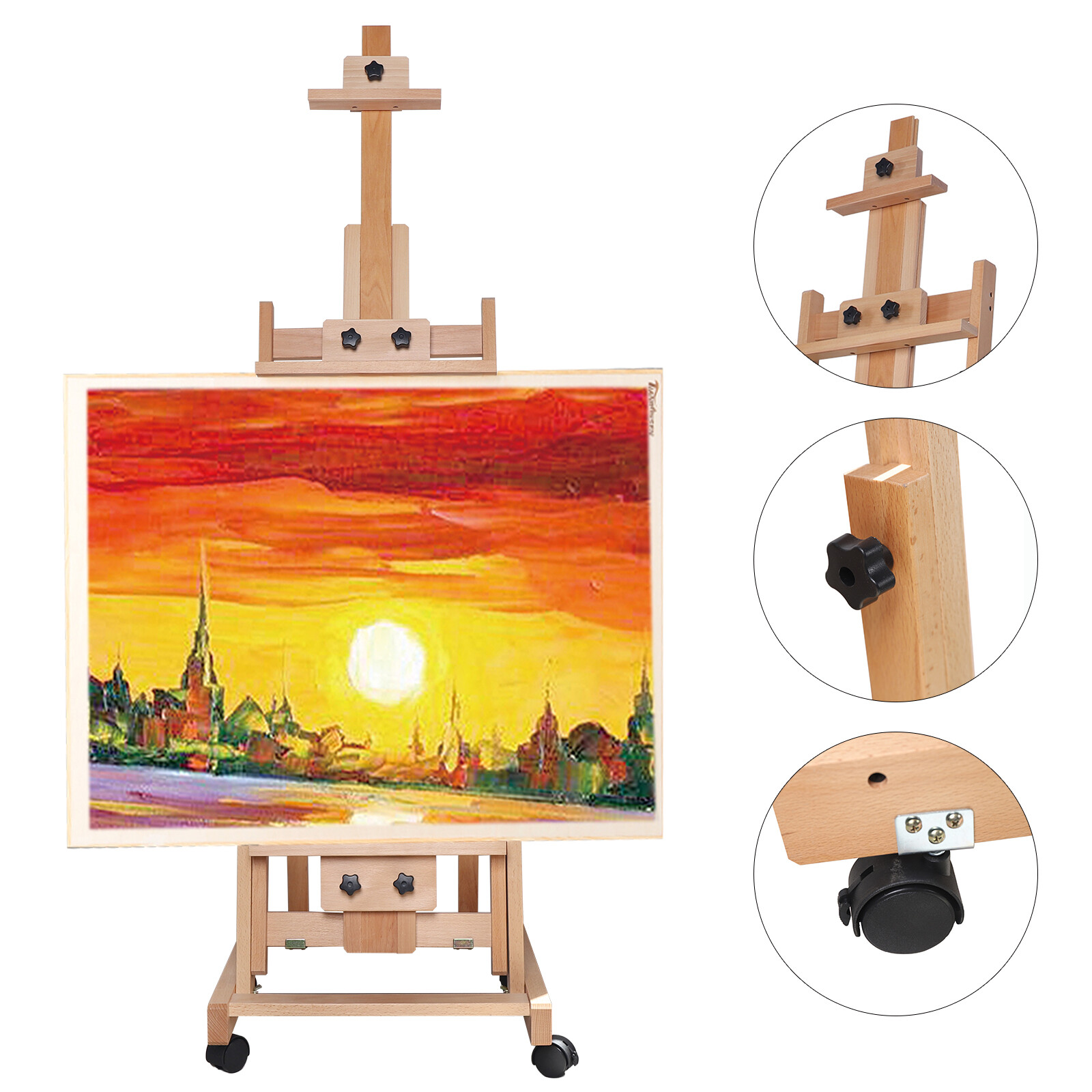Height-Adjustable Beech Wood Floor Easel, 56.3-91.34in with 4 Lockable Wheels for Art Projects
