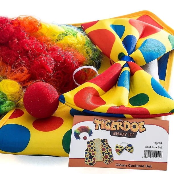 Disfraz De Payaso Adulto 5 Piezas Con Peluca Colorida, Nariz, Pajarita, Corbata Y Guantes, Para Carnaval Y Halloween
