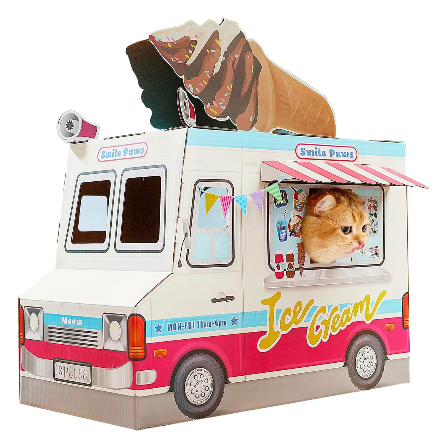 SMILE PAWS Large Sturdy Cardboard Cat House with Scratcher, Ice Cream Truck