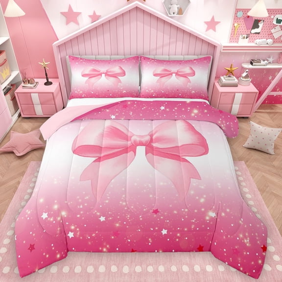 Homewish Flying Bow Knot 2pcs Bedding Comforter Set For Children Teens Female,Stars Bling Glitter Twin Comforter Sets,Gradient Ombre Pink Breathable Bedding Set,Microfiber Bedroom Decor,Reversible