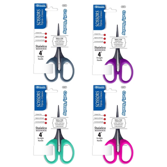 BAZIC Products Craft Sewing Scissors 4" Stainless Steel Scissor, Straight Handle For Left and Right Hand, Set of 4 Colors