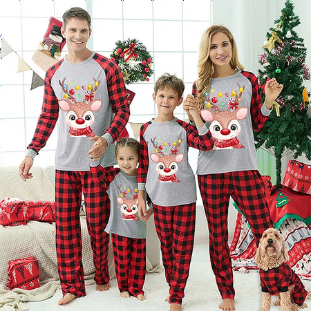 

Family Matching Pajamas Set Christmas Elk Plaid Print O-Neck Long Sleeve Tops+ Pyjama Trousers for Kids Adults