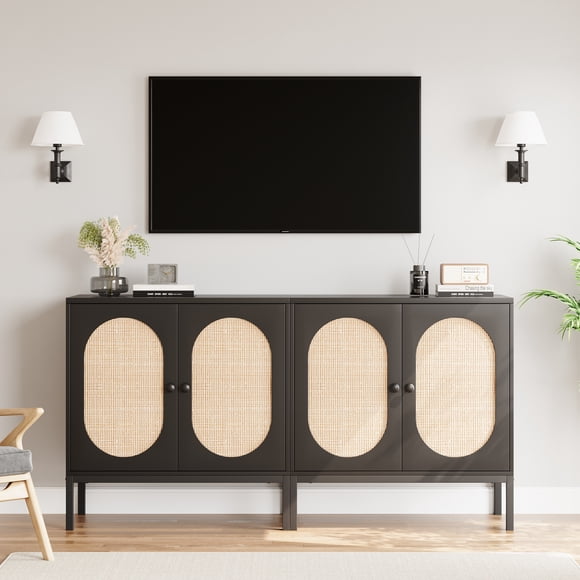 Boho Black Rattan Sideboard Buffet Cabinet – Wooden Console with Doors, Shelves, Metal Feet – Modern Storage for Hallway, Living Room, Dining Room, Kitchen – Black Square Pin