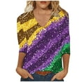 thumbnail image 2 of Cheap Mardi Gras Shirts for Women Bling Glitter Blouse Fashion Printed Tops Color Blocking Shirt Casual 3/4 Sleeve Shirt Top, 2 of 4