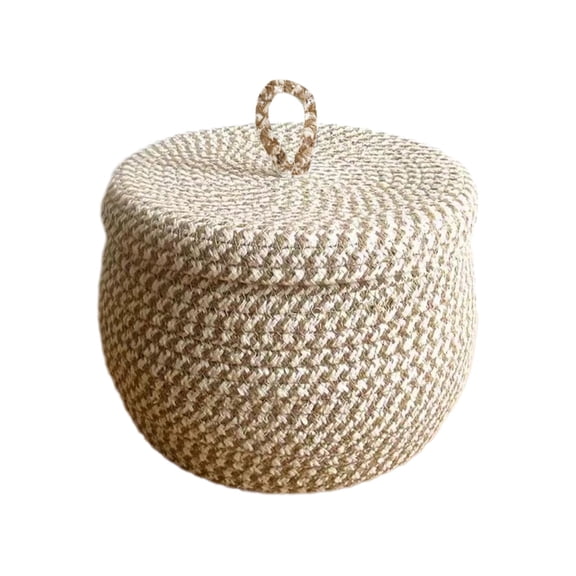 Storage Basket with Lid, Round Woven Blanket Storage for Living Room, Decorative Cotton Rope Hamper with Zipper Top 8*5In