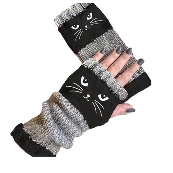 Fingerless Cat Gloves, Women’S Knitted Fingerless Gloves With Cute Cat Embroidery, Warm Splicing Fashion Glovess(as shown)