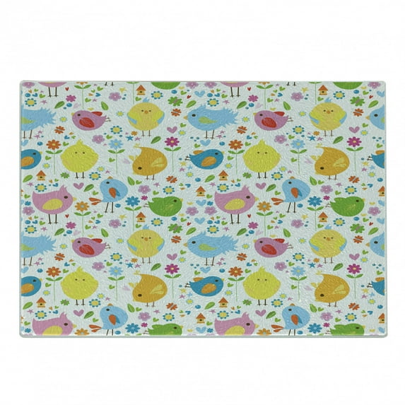 Birds Cutting Board, Colorful Spring Animals Flowers Art for Nature Design Pattern, Decorative Tempered Glass Cutting and Serving Board, Small Size, Multicolor, by Ambesonne