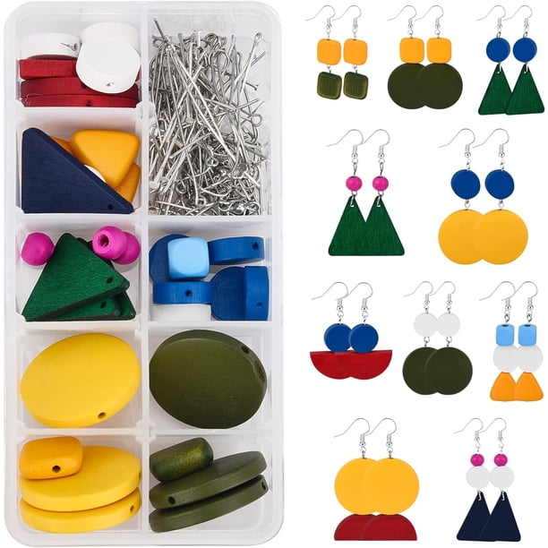 1 caja DIY para hacer 10 pares de aretes de madera con diseño de contraste, kit para hacer aretes con dijes geométricos de madera, cuentas de madera y accesorios para aretes.