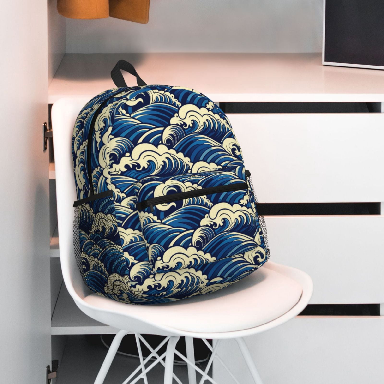Gukieu Japanese Water Wave Print Backpack, Waterproof Backpack with Adjustable Shoulder Straps, Suitable for Campus, Business, Travel, Unisex