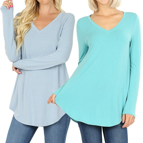 Women & Plus(S-3X) Relaxed Fit Long Sleeve V-Neck Round Hem Jersey Tee Shirt Top (Single & Multi-Packs Available)