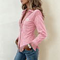 thumbnail image 3 of Boyscolos Women Faux Suede Fringe Polo Shirts Point Collar Long Sleeve Western Cowboy Button Down Womens Western Tops Pink L, 3 of 4