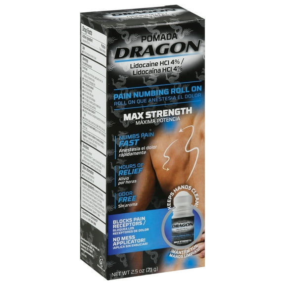 Pomada Dragon Pain Numbing Roll On. Max Strength Formula. Quick, Long Lasting Pain Relief. Lidocaine 4%. 2.5 oz