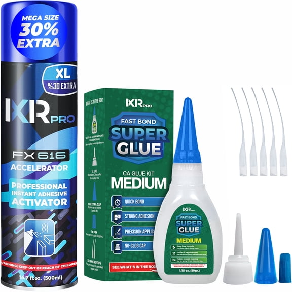 Ixirpro CA Glue Medium Viscosity Kit with Activator, 1.75 oz Adhesive 16.9 oz Spray, Heavy-Duty for Wood, Plastic, Ceramic & Metal