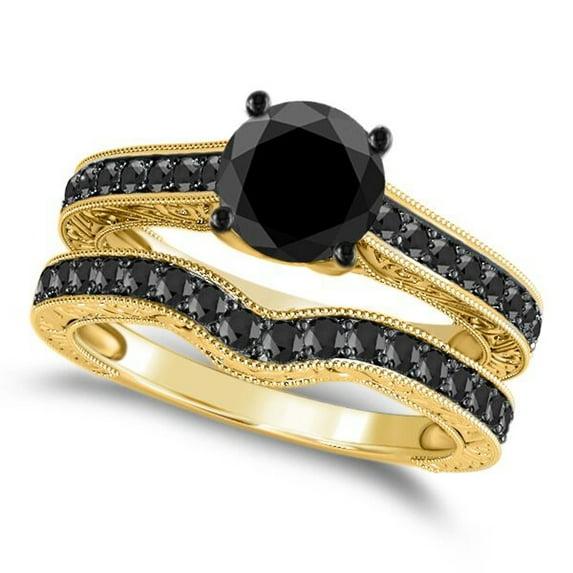 Aonejewelry 1.50 Ct Black Diamond Bridal Set Engagement Ring in 10K Yellow Gold