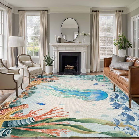 Large Area Rugs for Living Room Bedroom, Jellyfish Coastal 8'x10' Rug Washable Carpet Runner Indoor Outdoor, Summer Nautical Starfish Coral Beige Non Slip Floor Mats Rug for Kitchen, Patio