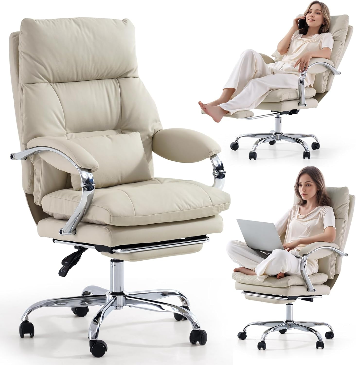 LEAGOO Reclining Office Chair with Foot Rest, Executive Office Chairs with Arms, Ergonomic High Back PU Leather Comfy Swivel Computer Desk Chairs with Wheels and Lumbar Support for Home Office, Khaki