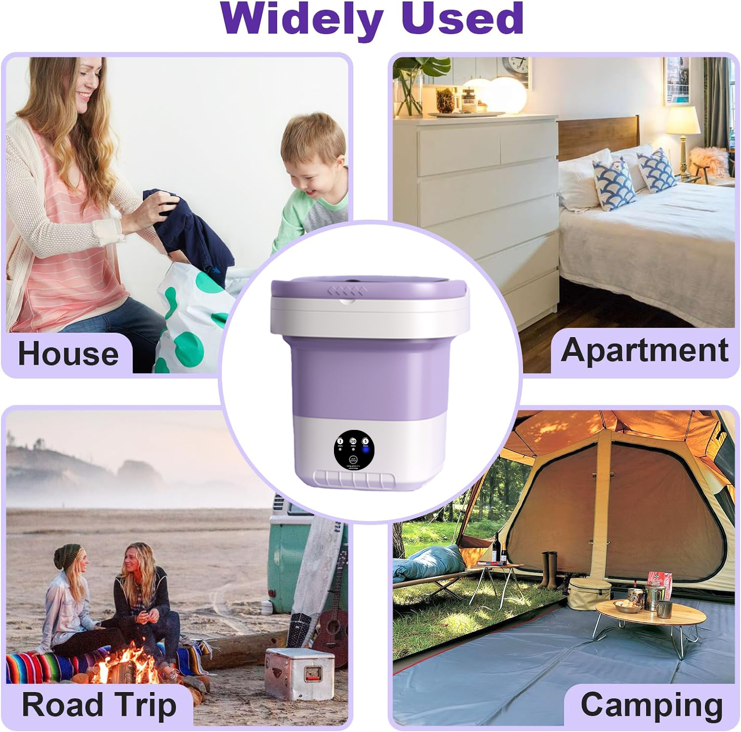 Mini Folding Washing Machine Portable For Clothes With Dryer Bucket Travel Wash 12L (Purple)